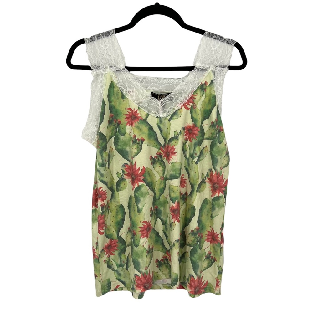 L&B Lucky & Blessed Cactus Printed Lace Tank Top Size Medium
